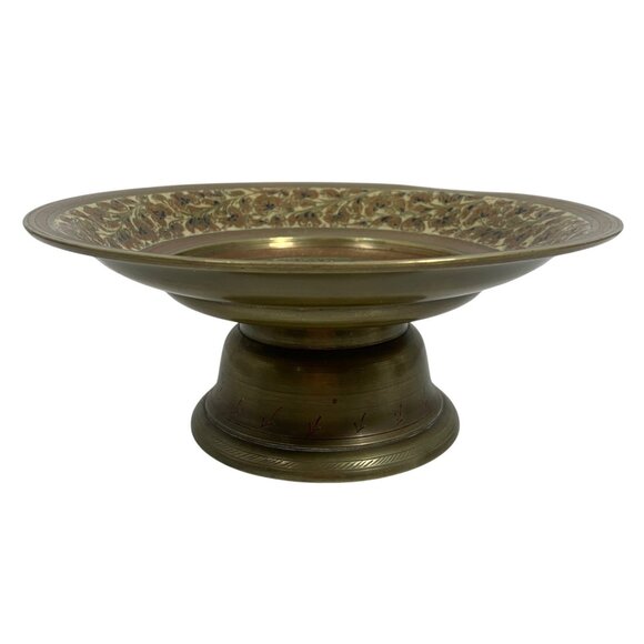 Handcrafted Brass Decorative Pedestal Plate With Etched Intricate Floral Design - Picture 2 of 9